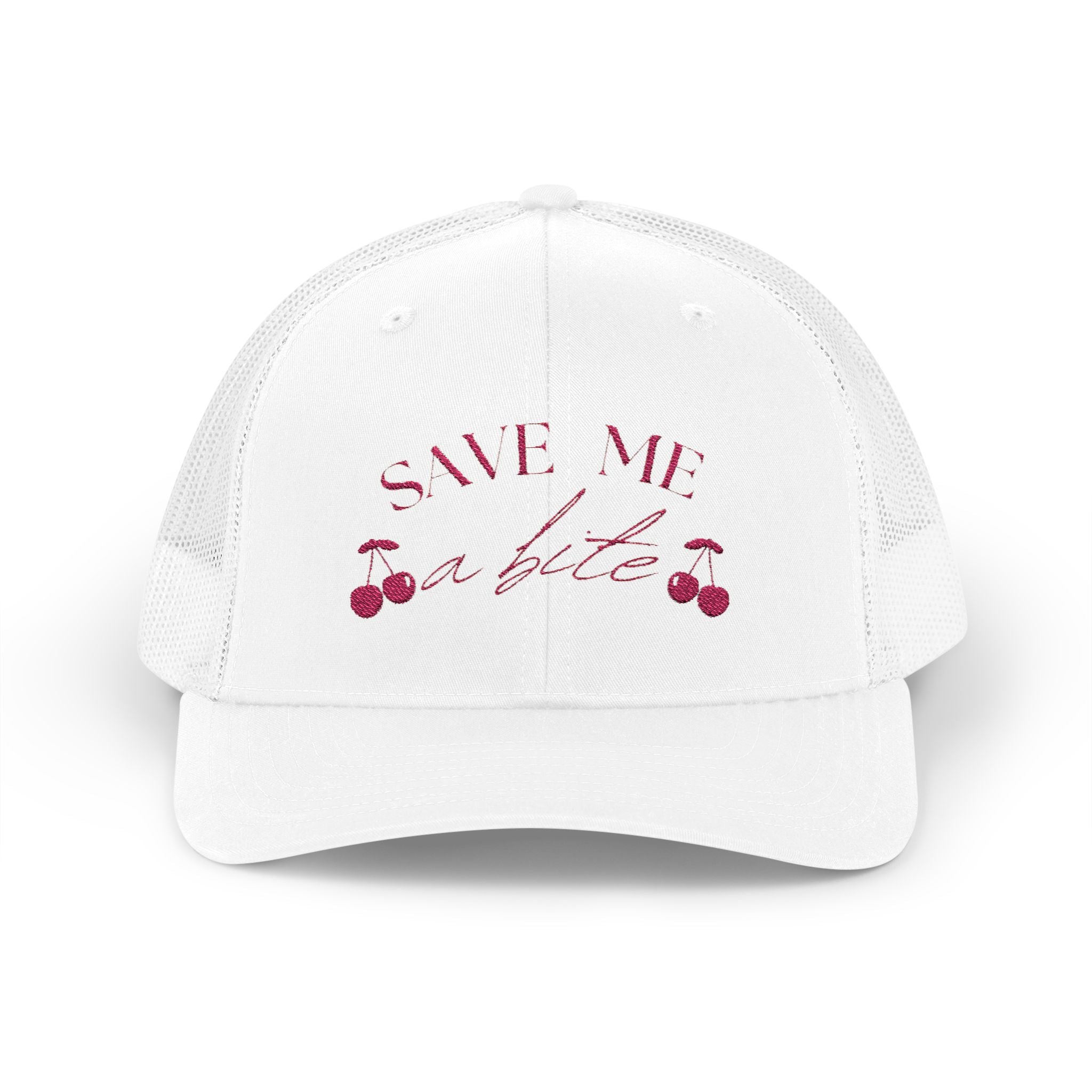 Save Me a Bite Trucker Cap — Cute Cherry Embroidered Snapback